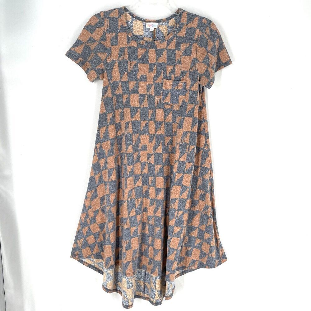 LuLaRoe T-Shirt Dress Women's Size XS Short Sleeve Hi-Low Pocket Geometric